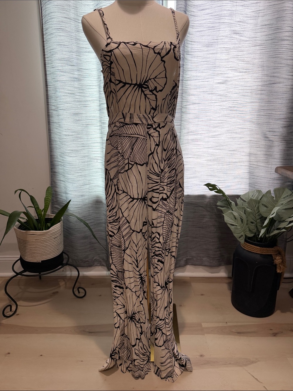 Rachel Zoe Beige Jumpsuit with Black Botanical Print